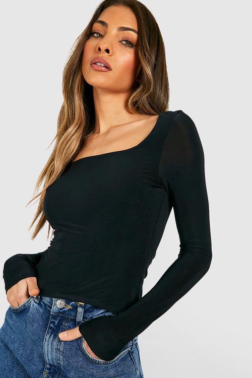 Womens Double Layer Slinky Square Neck Long Sleeve Top - Black - 14, Black, £8.00