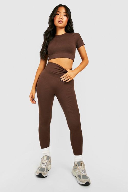 Womens Petite Seamless Rib Leggings - Brown - M, Brown, £18.00