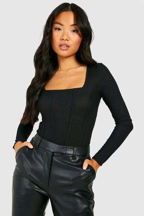 Women's Black Mesh Long Sleeve Corset Detail Bodysuit