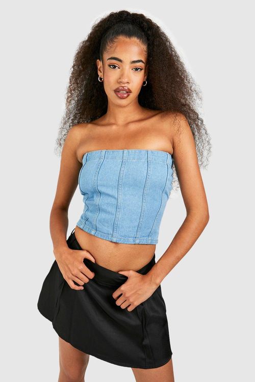 Womens Seamed Detail Cropped Denim Corset Top - Blue - 16, Blue