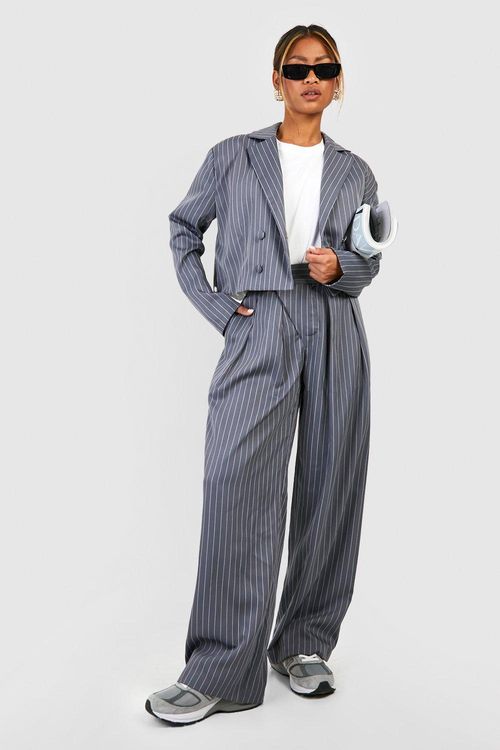 Petite Pinstripe Reverse Waistband Wide Leg Trousers