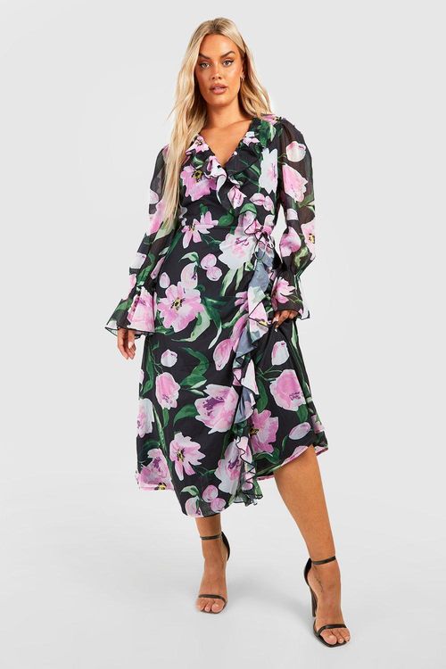 Plus Floral Ruffle Wrap Dress