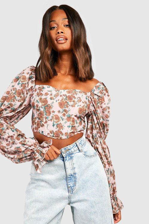 Printed Chiffon Long Sleeve Corset Top