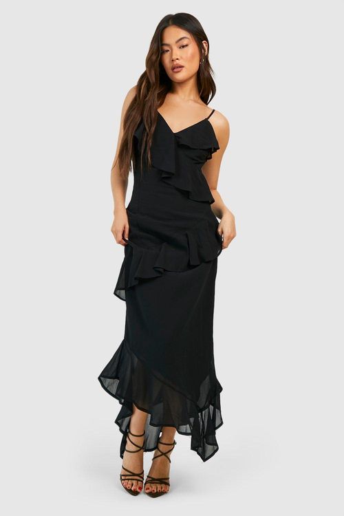 Satin Ruffle Plunge Maxi Dress