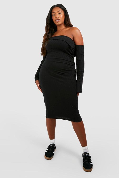 Womens Plus Wide Rib Off Shoulder Ruched Side Midi Dress - Black