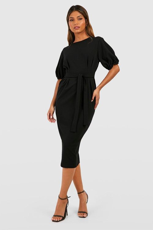 Crepe Pleat Front 3/4 Sleeve Belted Midaxi Dress