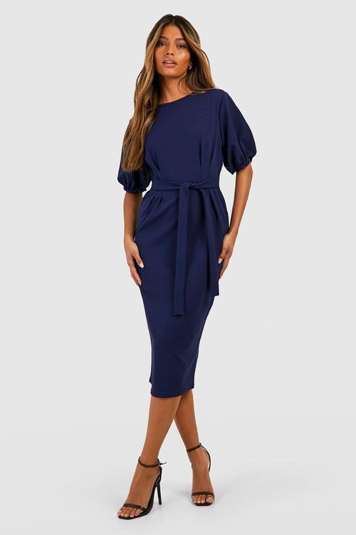 Crepe Pleat Front 3/4 Sleeve Belted Midaxi Dress