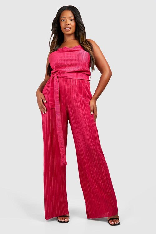 Plus Woven Puff Sleeve Belted Taper Jumpsuit