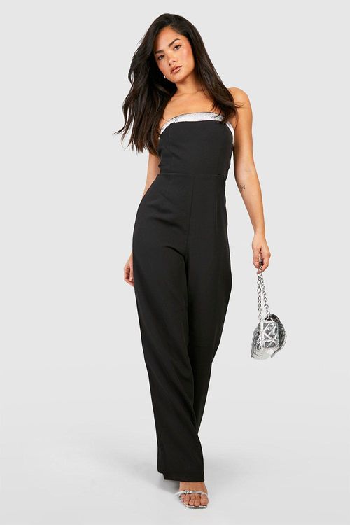 Petite Diamante Trim Strapless Tailored Jumpsuit