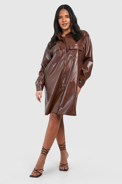 Plus Chocolate Brown Satin Shirt Dress