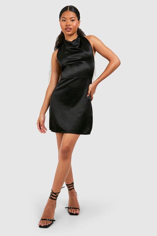 Petite Satin Cowl Halter Neck Mini Dress