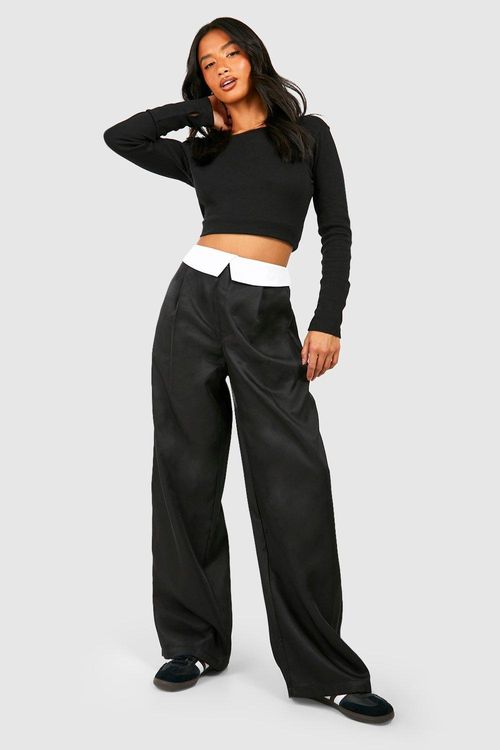 Women's Petite Pleat Front Contrast Waistband Wide Leg Trouser