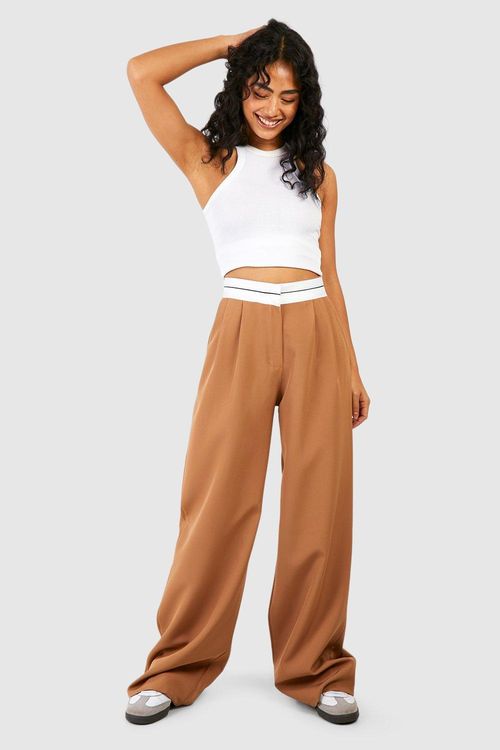 Womens Contrast Waistband Pleat Front Wide Leg Trousers - Grey - 16, Grey, £20.00