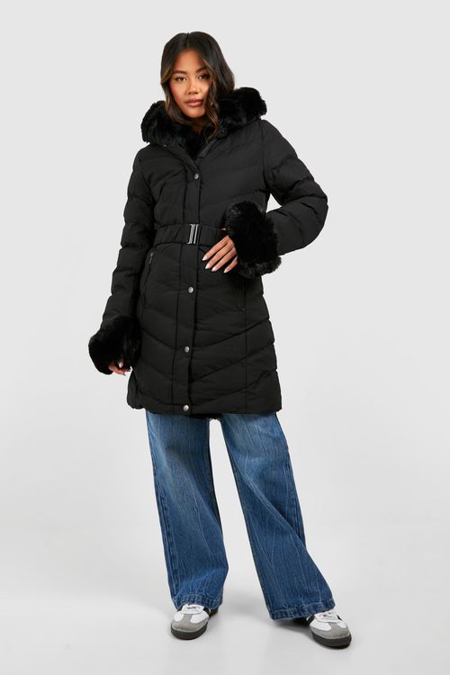 Womens Faux Fur Trim Parka -...