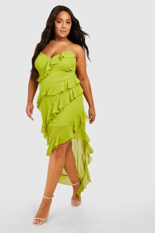 Satin Ruffle Plunge Maxi Dress