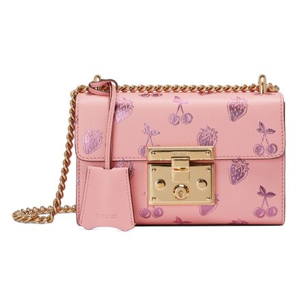 New Gucci Strawberry Cherry Logo Pink Leather Padlock Shoulder Bag