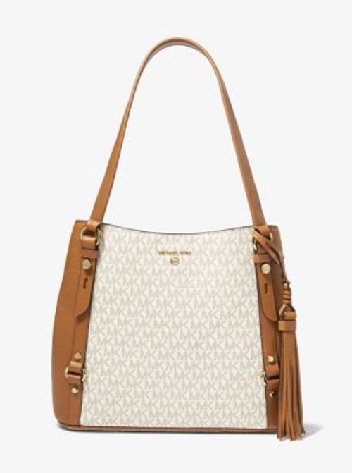 Michael Kors Edith Signature Logo Large Open Tote Bag - Vanilla/Acorn