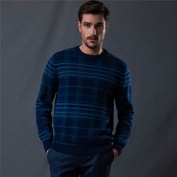 Magee 1866 Navy Straness Jacquard Check Crew Neck Jumper