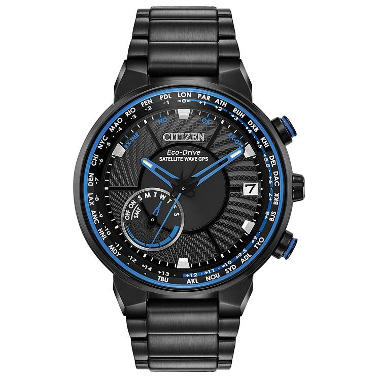 citizen men's blue dial black ip chronograph bracelet watch
