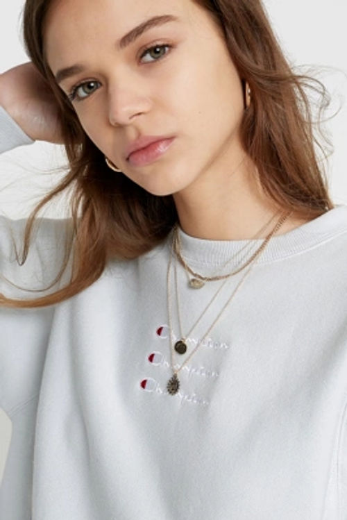 Champion Uo Exclusive Icy Blue Triple Script Logo Crew Neck Sweatshirt Blue Xs At Urban Outfitters Compare Cabot Circus