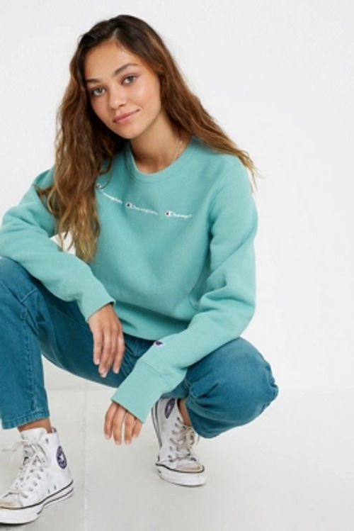 Champion Uo Exclusive Icey Green Triple Script Logo Crew Neck Sweatshirt Green Xs At Urban Outfitters Compare Cabot Circus