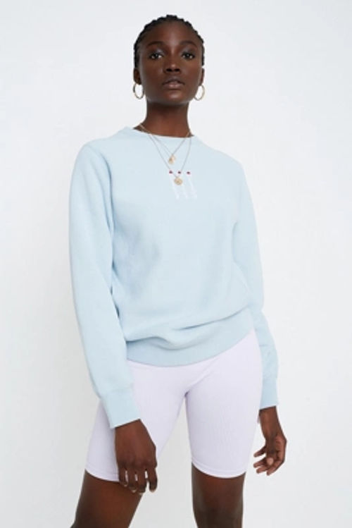 Champion Uo Exclusive Triple Script Logo Crew Neck Sweatshirt Blue Xs At Urban Outfitters Compare Cabot Circus
