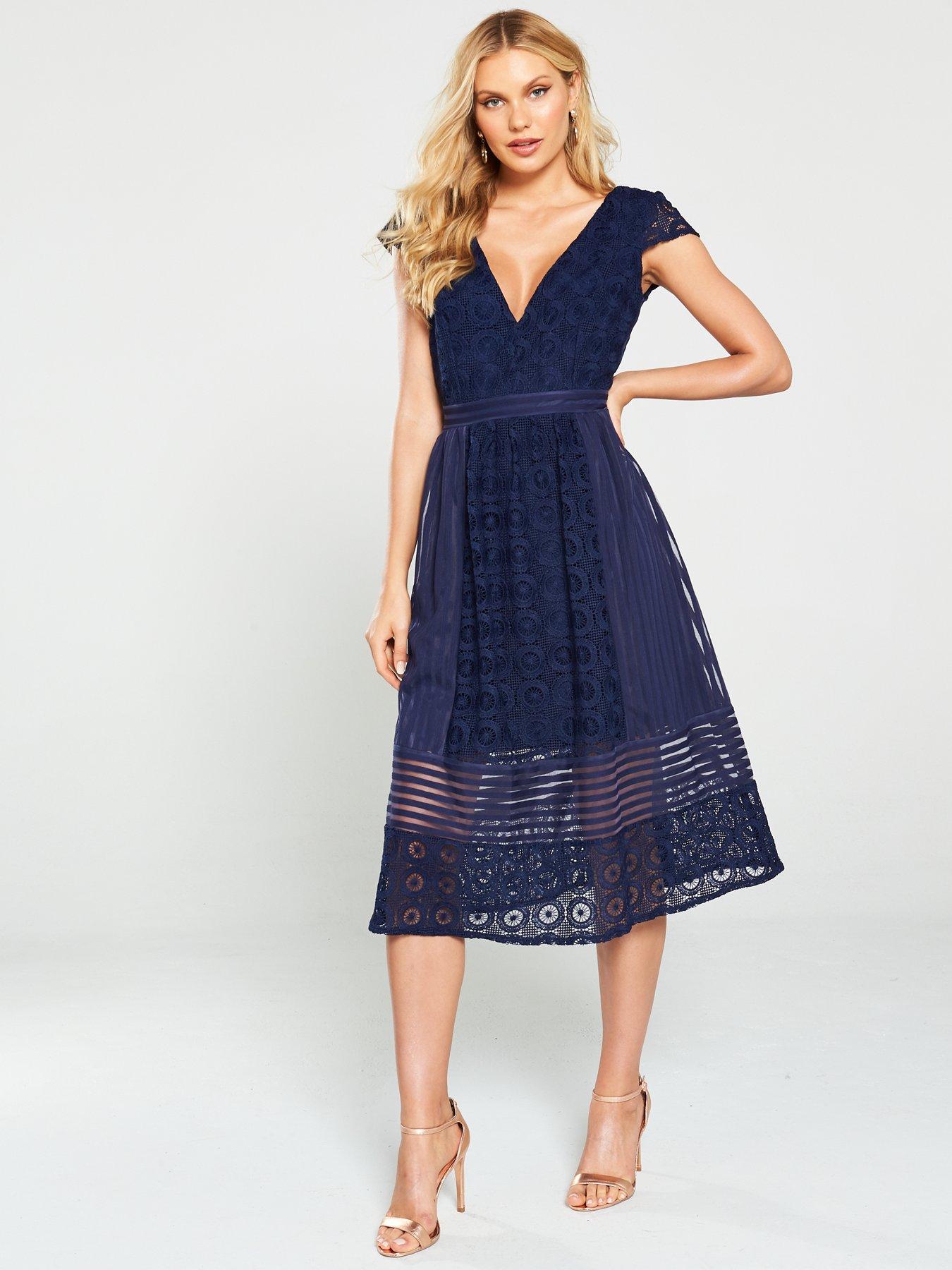 navy crochet cap sleeve midi dress