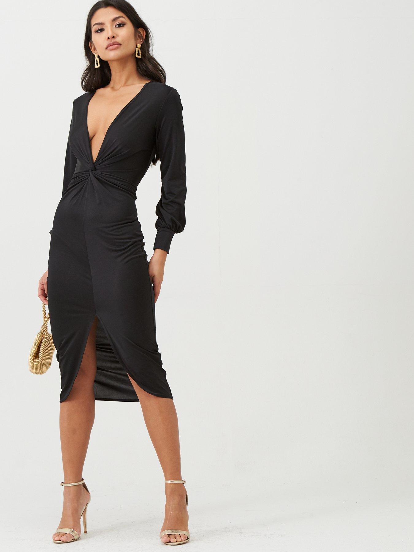 twist front plunge slinky midi dress