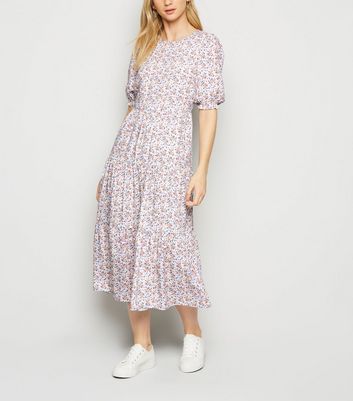 new look puff sleeve midi dress in blue spot