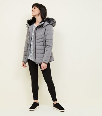 pale grey faux fur trim hooded puffer jacket