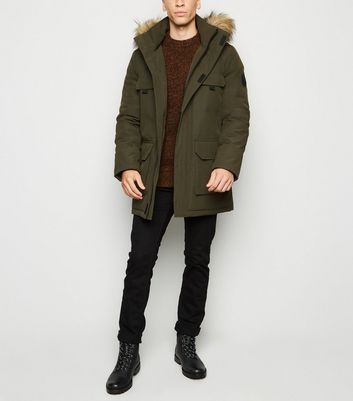 khaki faux fur trim hooded parka