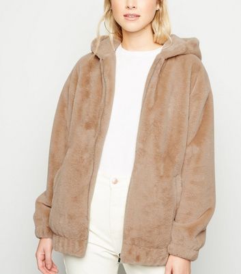 new look faux fur hooded bomber jacket