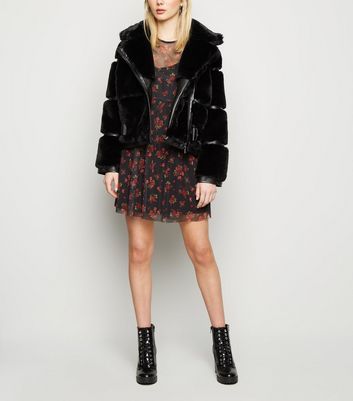 black pelted faux fur parka jacket