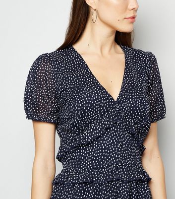 new look puff sleeve midi dress in blue spot