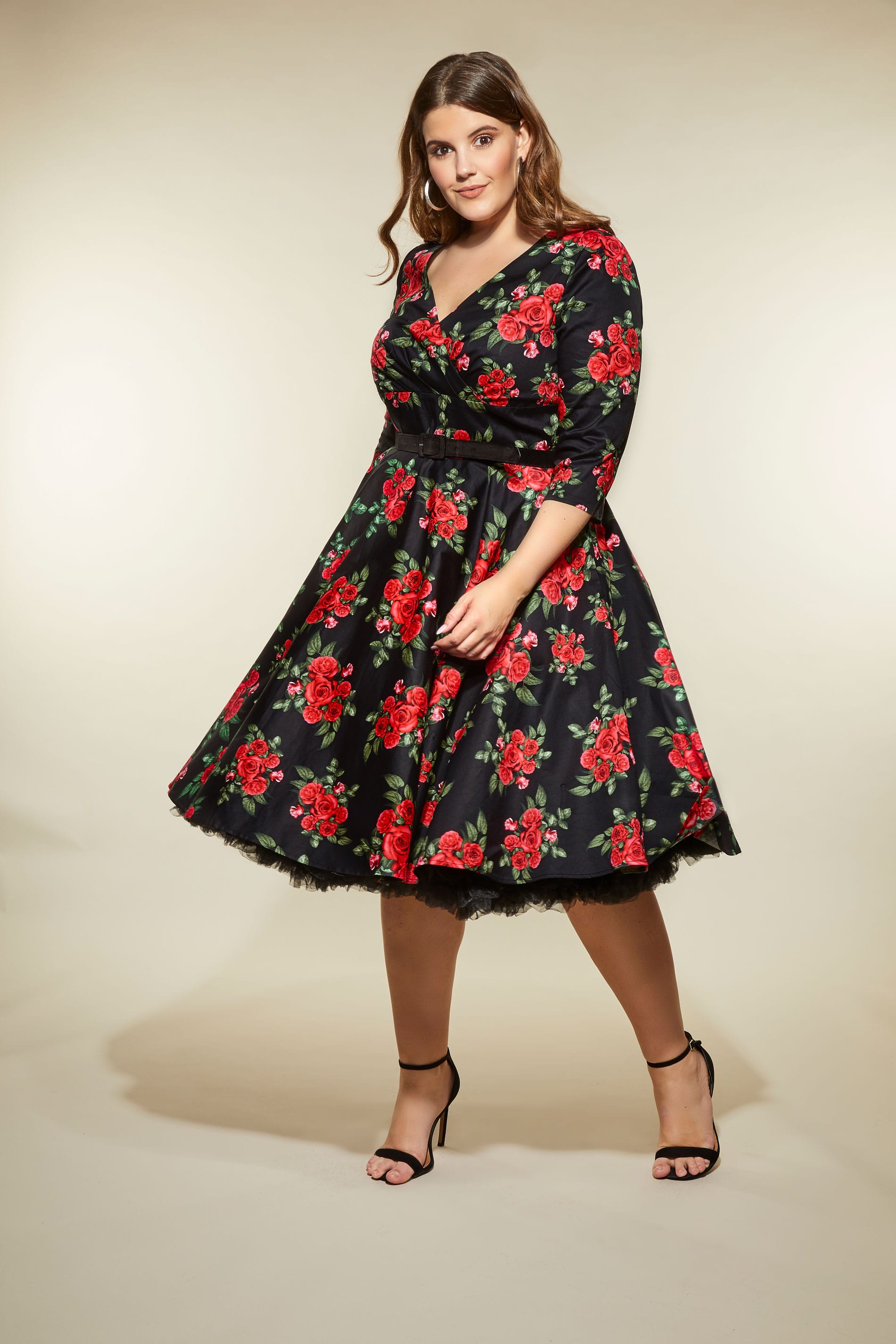 plus size black dress with red roses