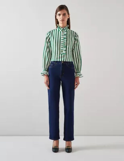 Lk Bennett Women's Cotton Rich Striped Ruffle Shirt with Silk - 8 - Green Mix, Green Mix