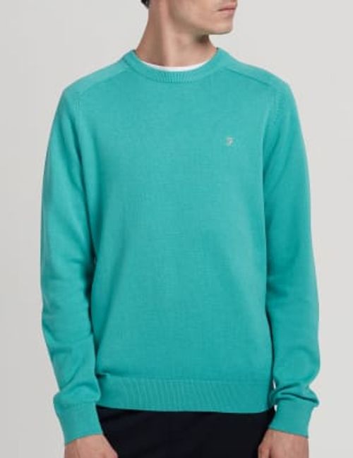 Farah Mens Organic Cotton Crew Neck Jumper - S - Green, Green,Blue