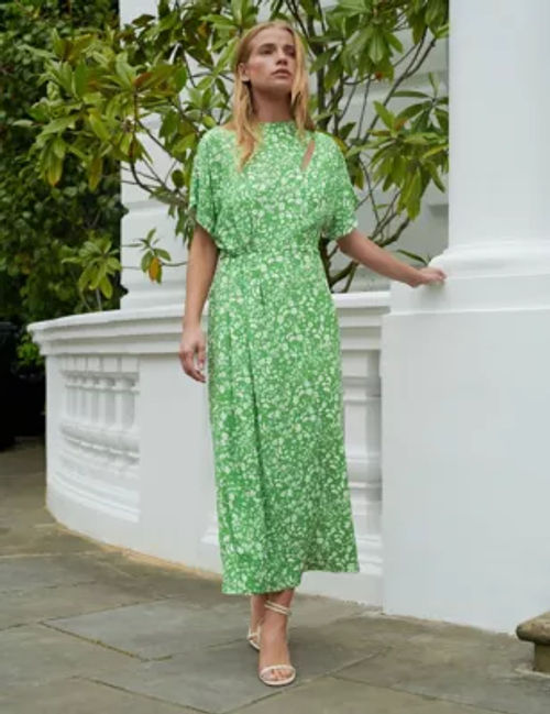 Ro&Zo Women's Ditsy Floral High Neck Midi Waisted Dress - 8REG - Green Mix, Green Mix