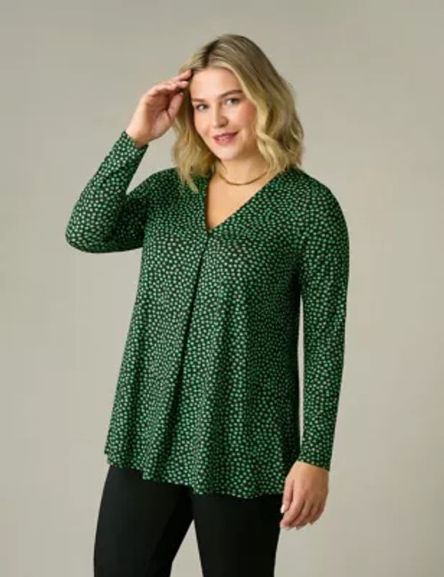 Live Unlimited London Women's Jersey Spot Print Pleated Top - 12 - Green Mix, Green Mix