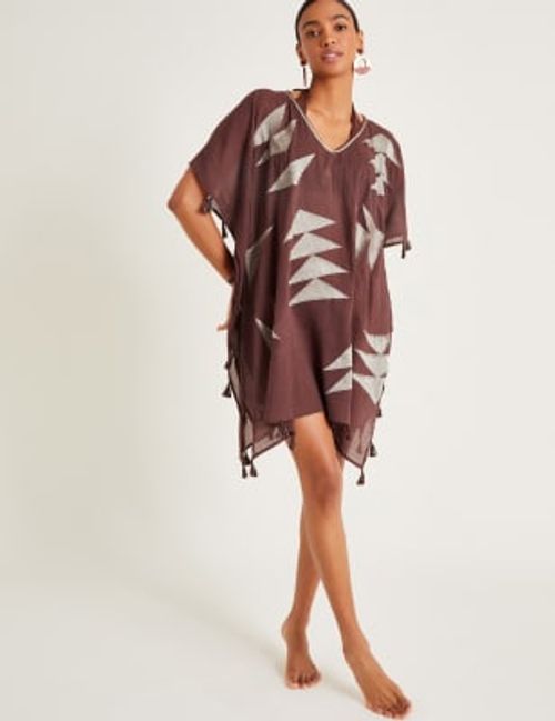 Monsoon Women's Pure Cotton Printed V-Neck Mini Kaftan - S - Brown Mix, Brown Mix