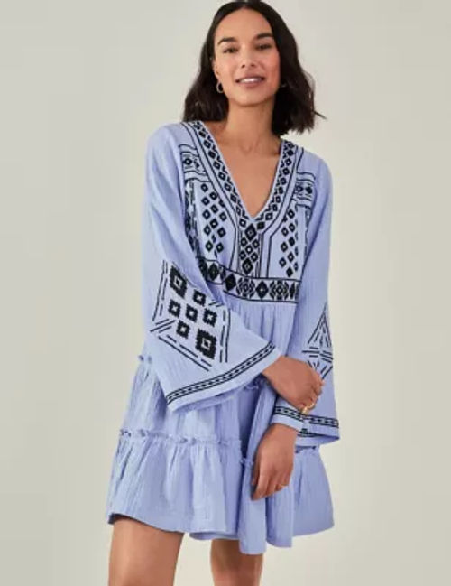 Accessorize Women's Pure Cotton Embroidered V-Neck Beach Dress - Blue Mix, Blue Mix