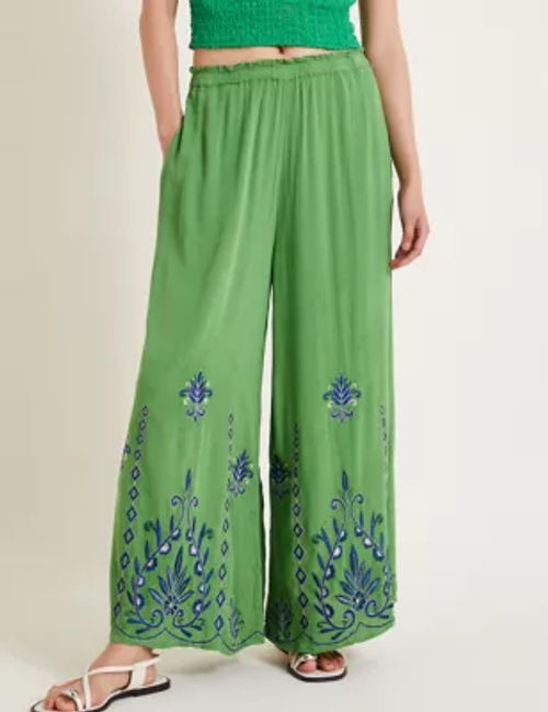 Monsoon Women's Embroidered Textured Wide Leg Trousers - XXL - Green Mix, Green Mix