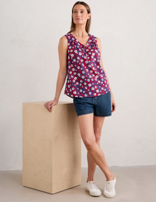 Seasalt Cornwall Women's Pure Cotton Floral V-Neck Vest Top - 10 - Red Mix, Red Mix