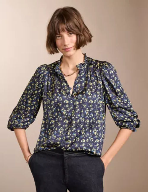 Baukjen Womens Floral Round Neck Frill Detail Blouse - 18 - Blue Mix, Blue Mix