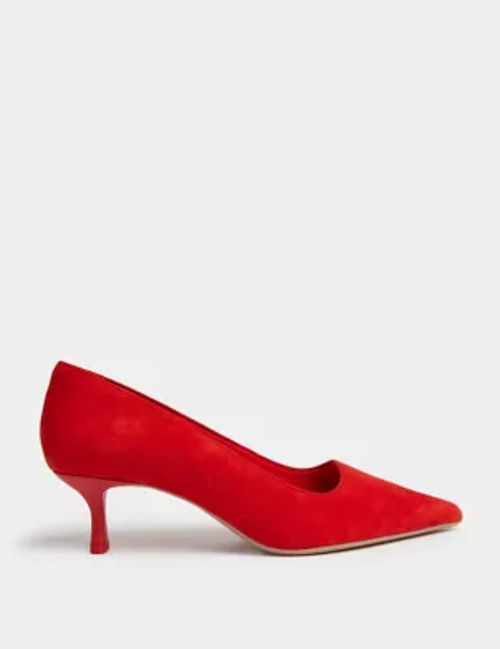 M&S Women's Wide Fit Suede Kitten Heel Court Shoes - 7.5 - Red, Red