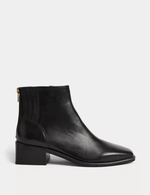 M&S Women's Leather Block Heel Square Toe Ankle Boots - 4 - Black, Black