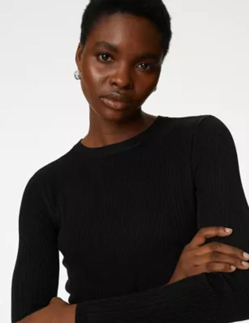 Cotton Ribbed Fitted Long Sleeve Top, M&S Collection