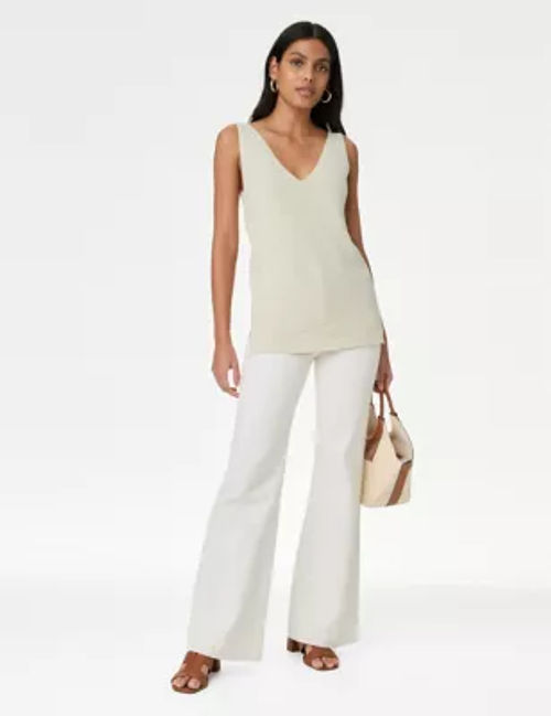 M&S Women's Cotton Rich V-Neck Longline Knitted Vest - XS - Ecru, Ecru,Onyx