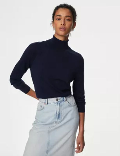 M&S Womens Pure Merino Wool Roll Neck Jumper - 6 - Navy, Navy