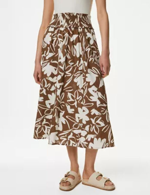 M&S Women's Pure Cotton Printed Pleated Midi Skirt - 8REG - Brown Mix, Brown Mix